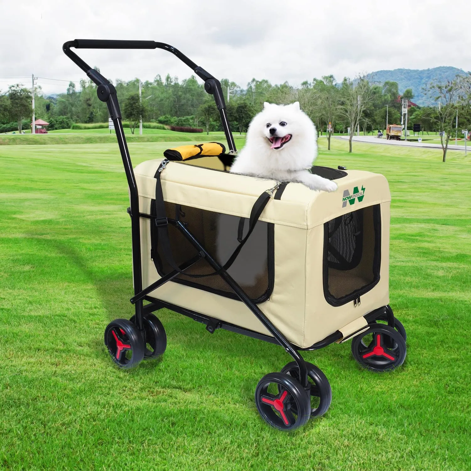 Pet Carrier with 4 Wheels, Detachble,Clean and Replace Pet Basket, Portable and Foldable Pet Travel Stroller for Small/Medium Dogs and Cats up to 66lbs, 4 in 1 Multifunctional (Beige Yellow)