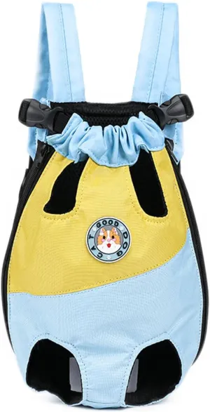Pet Legs Out Carrier Backpack, Dog Cat Front Backpack Ventilated Mesh Travel Back Pack with Safety Belt for Travel Hiking Cycling Outdoor Use, Small Medium Puppy Large Cat Carrying Bag, Blue