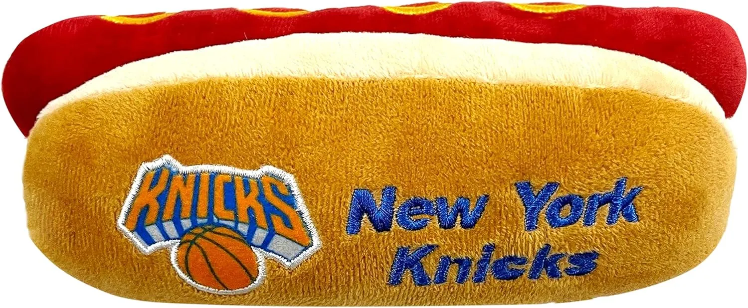 Pets First NBA New York Knicks HOT Dog Plush Dog & CAT Squeak Toy - Cutest HOT-Dog Snack Plush Toy for Dogs & Cats with Inner Squeaker & Beautiful Basketball Team Name/Logo 8 x 5 x 3 Inches