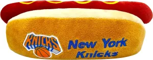 Pets First NBA New York Knicks HOT Dog Plush Dog & CAT Squeak Toy - Cutest HOT-Dog Snack Plush Toy for Dogs & Cats with Inner Squeaker & Beautiful Basketball Team Name/Logo 8 x 5 x 3 Inches