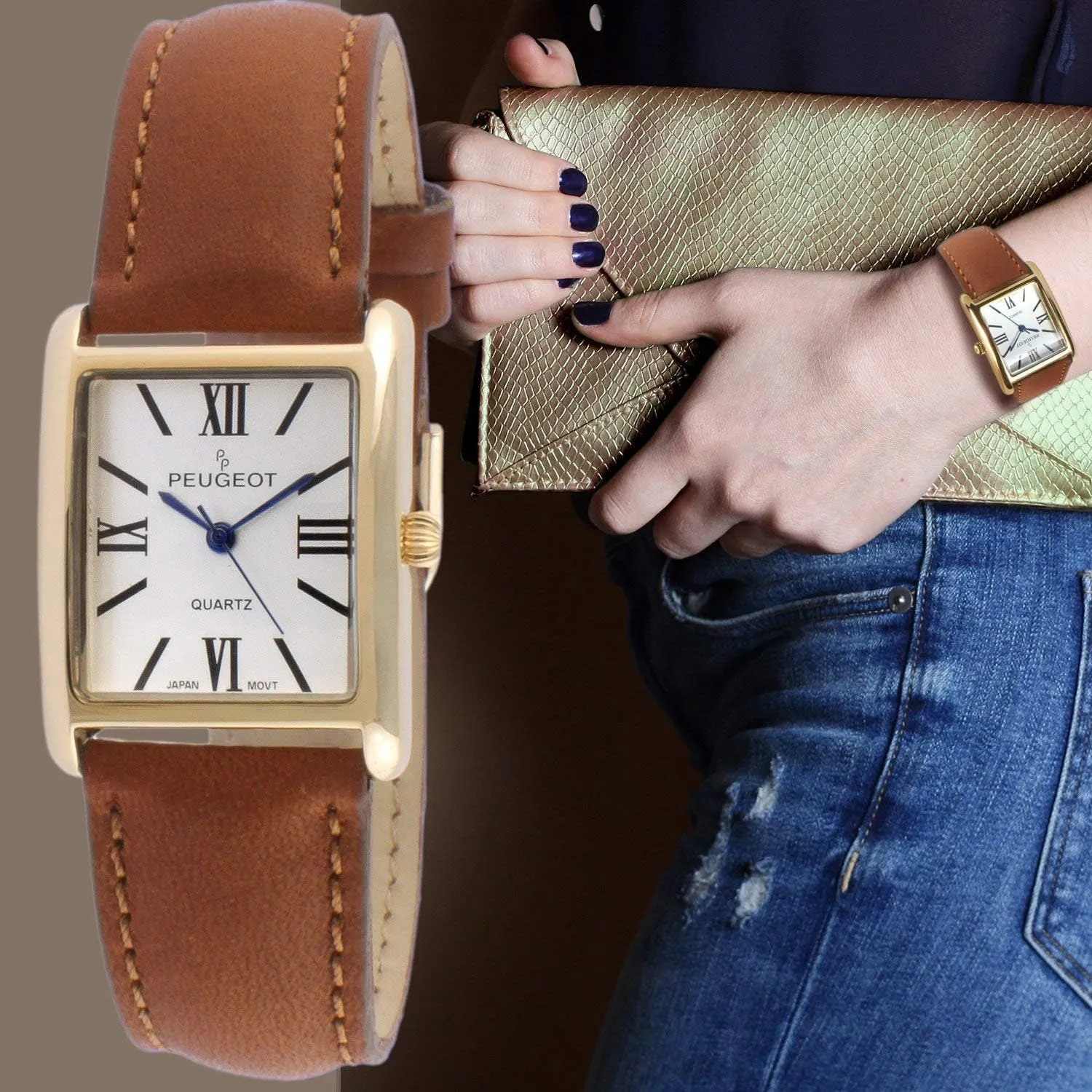 Peugeot Women's 14K Gold Plated Tank Leather Dress Watch with Roman Numerals Dial