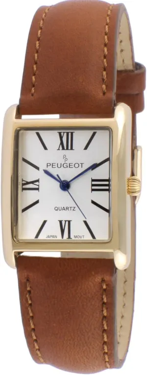 Peugeot Women's 14K Gold Plated Tank Leather Dress Watch with Roman Numerals Dial