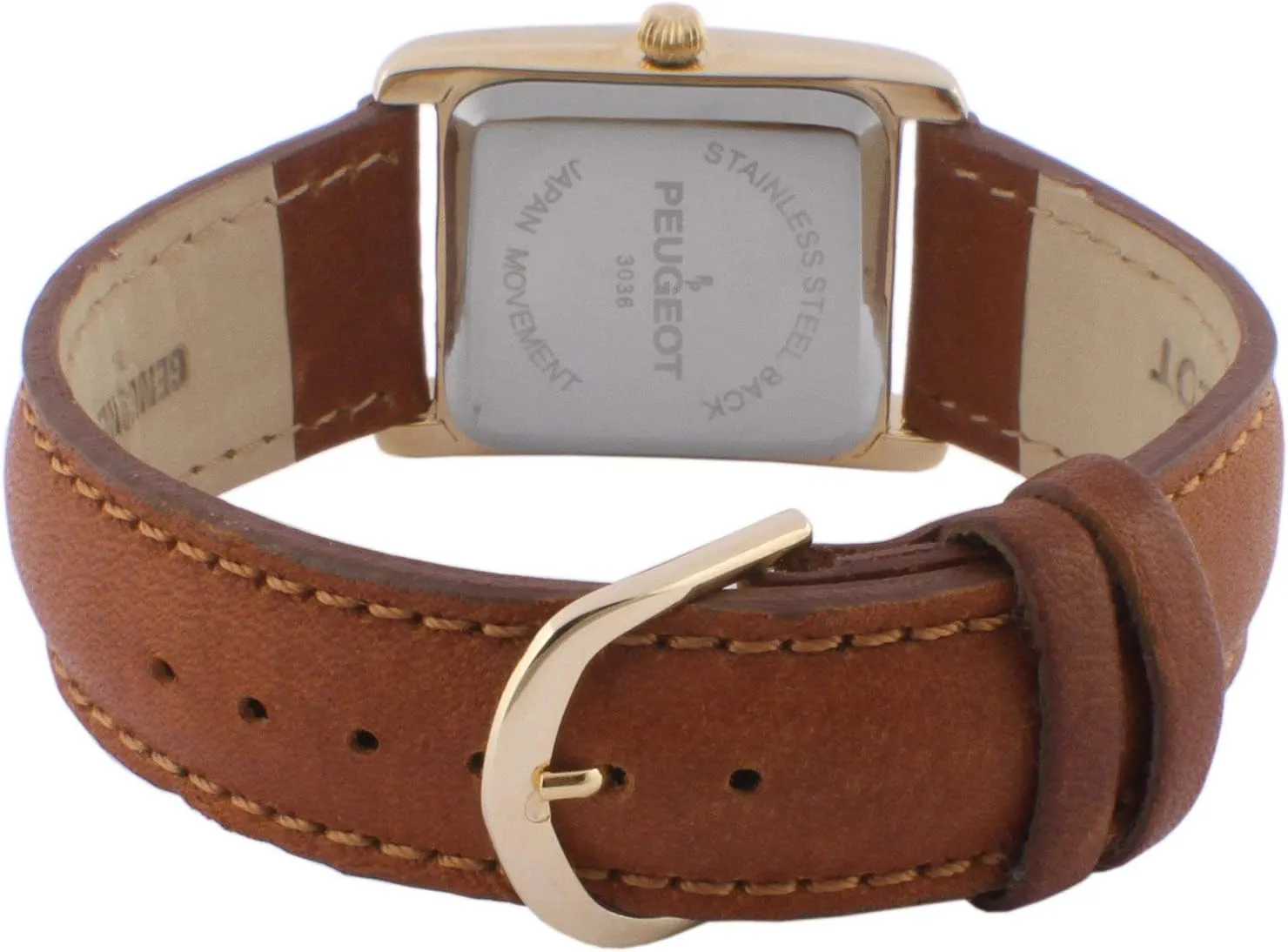 Peugeot Women's 14K Gold Plated Tank Leather Dress Watch with Roman Numerals Dial