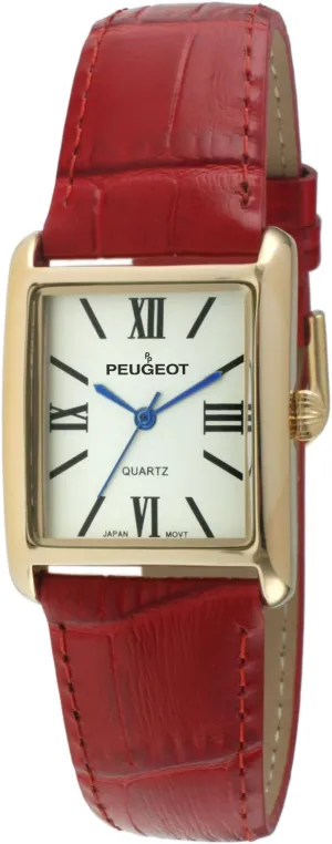 Peugeot Women's 14K Gold Plated Tank Leather Dress Watch with Roman Numerals Dial