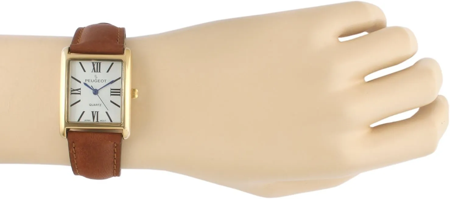 Peugeot Women's 14K Gold Plated Tank Leather Dress Watch with Roman Numerals Dial