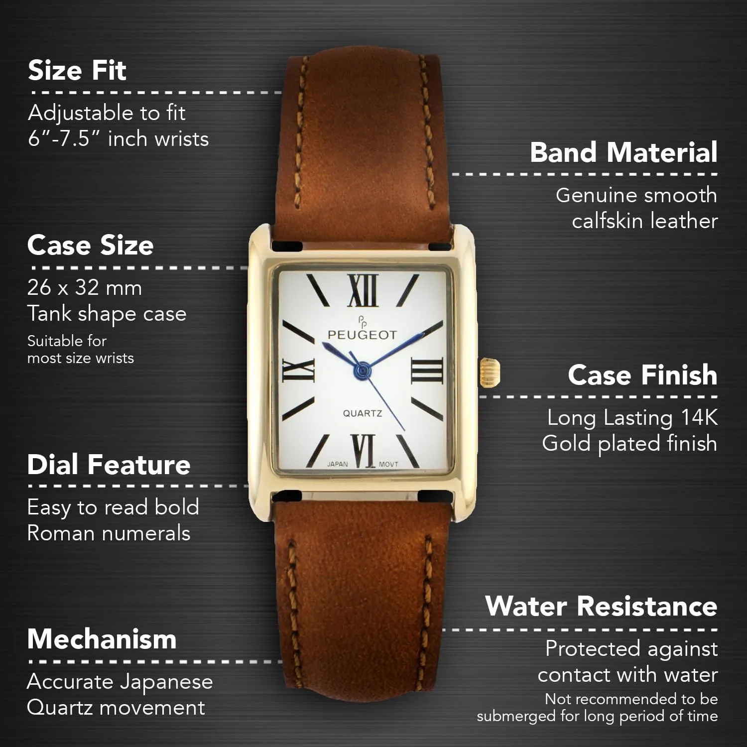 Peugeot Women's 14K Gold Plated Tank Leather Dress Watch with Roman Numerals Dial