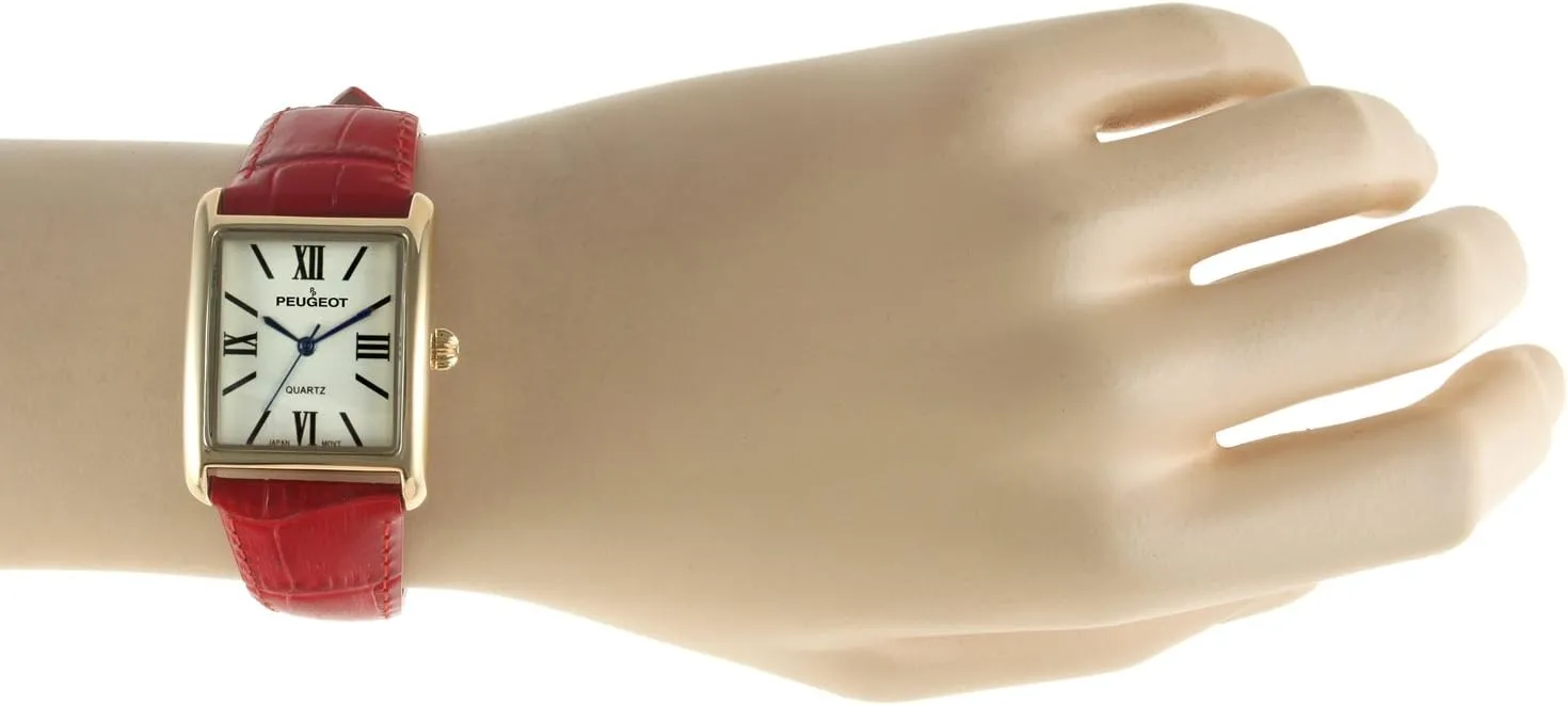Peugeot Women's 14K Gold Plated Tank Leather Dress Watch with Roman Numerals Dial