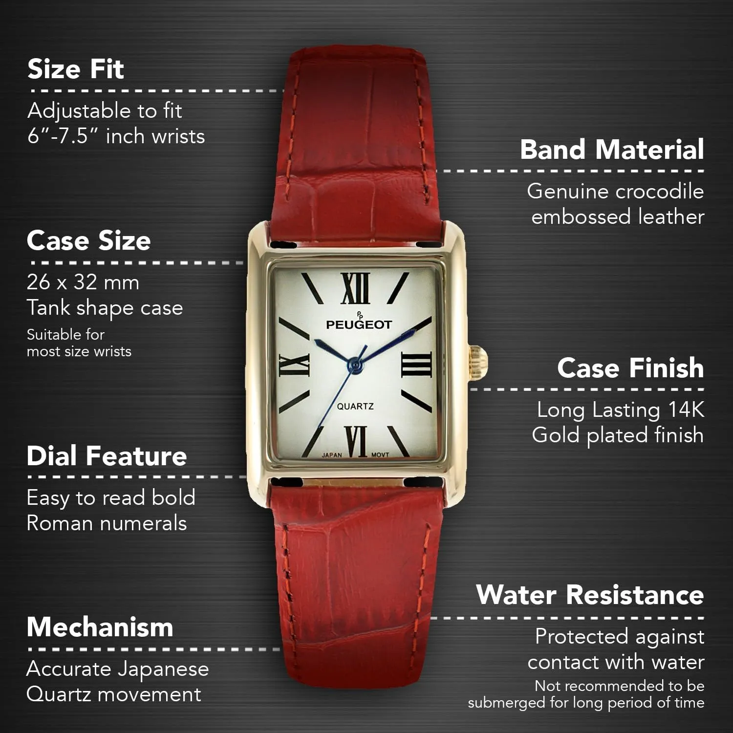 Peugeot Women's 14K Gold Plated Tank Leather Dress Watch with Roman Numerals Dial