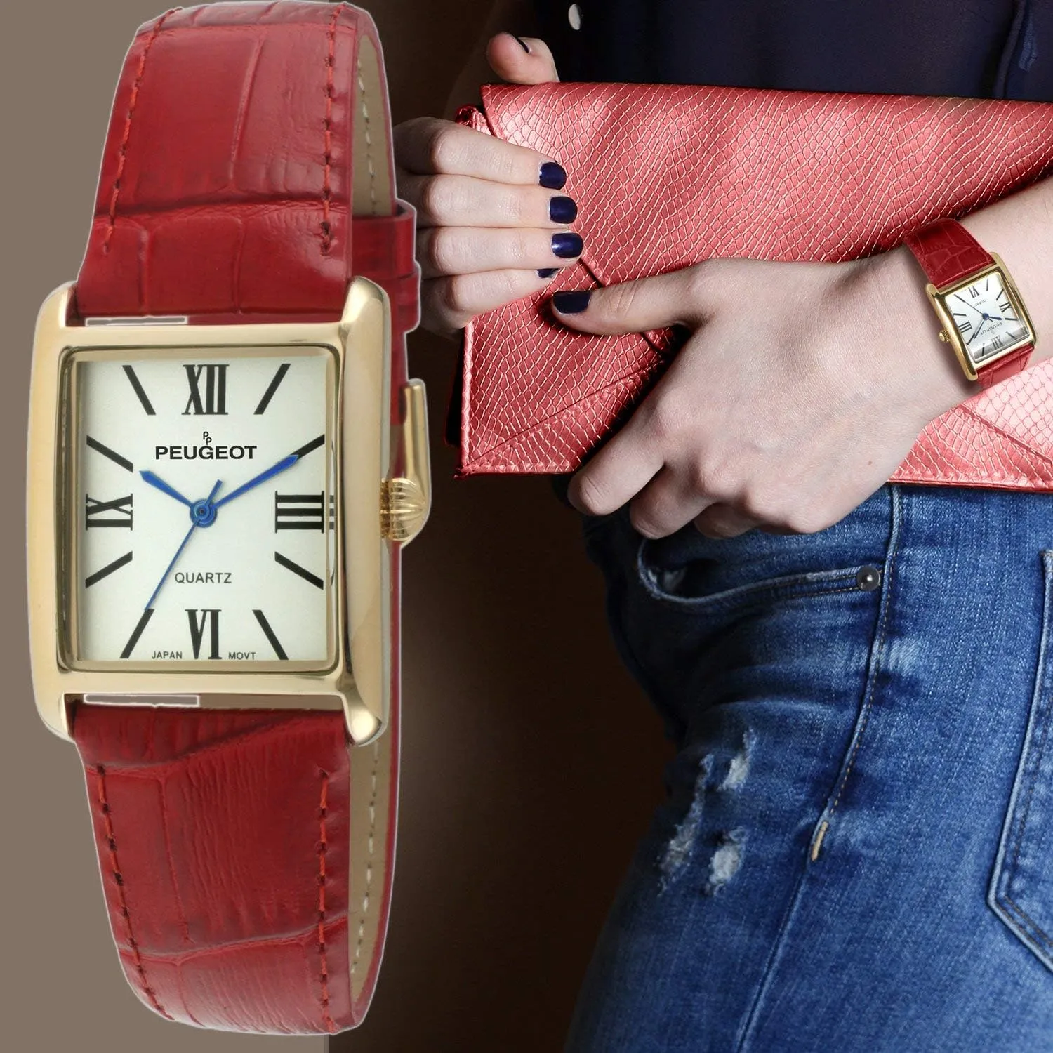 Peugeot Women's 14K Gold Plated Tank Leather Dress Watch with Roman Numerals Dial