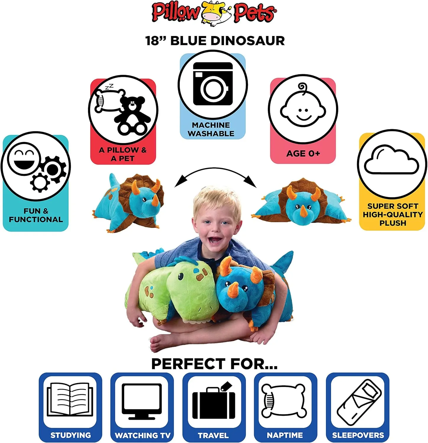 Pillow Pets Triceratops Blue Dinosaur, 18" Stuffed Animal Plush Toy