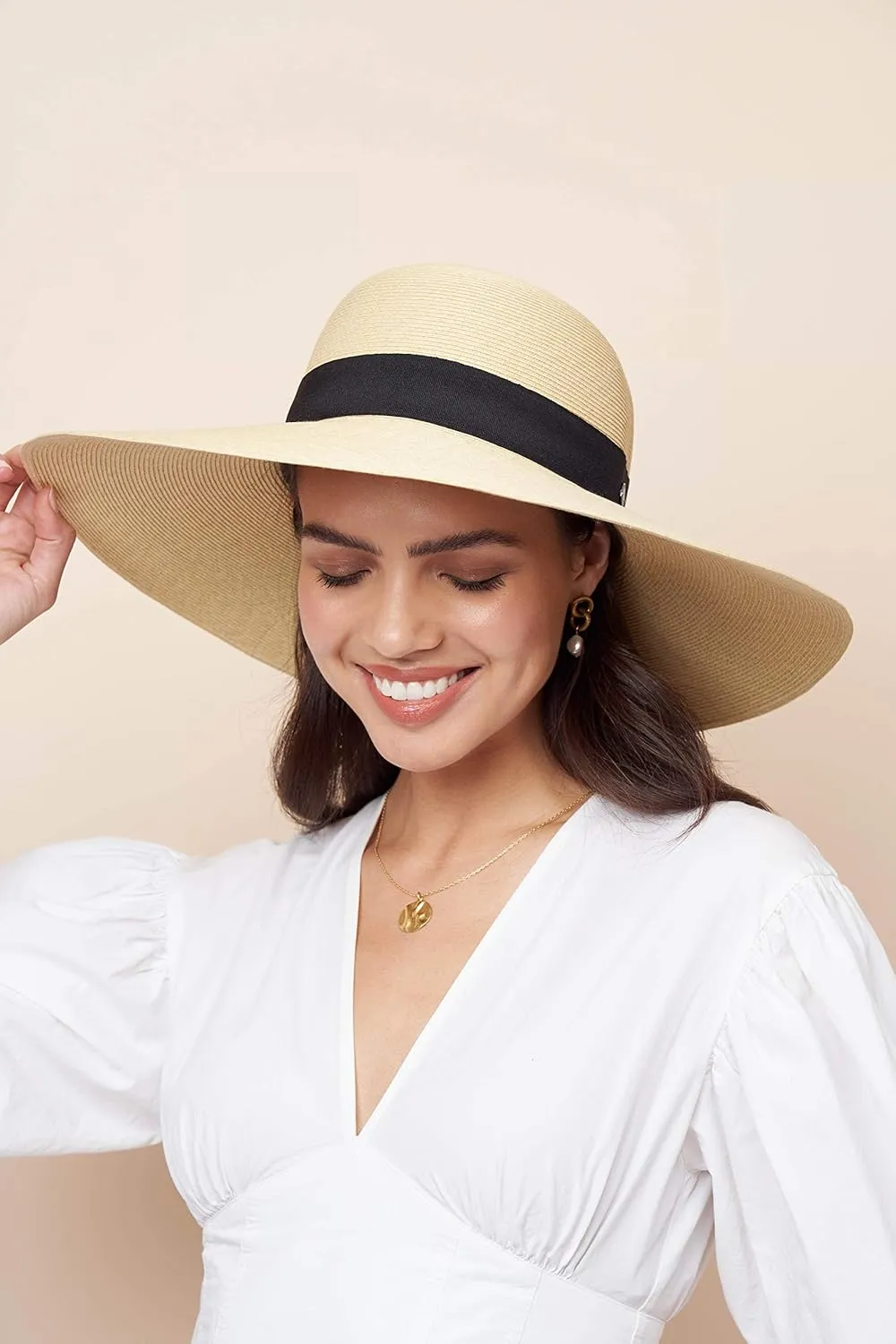 Pineapple&Star Jeune Wide Brim Sun Straw Beach Hat Fine Braid UPF50  for Women