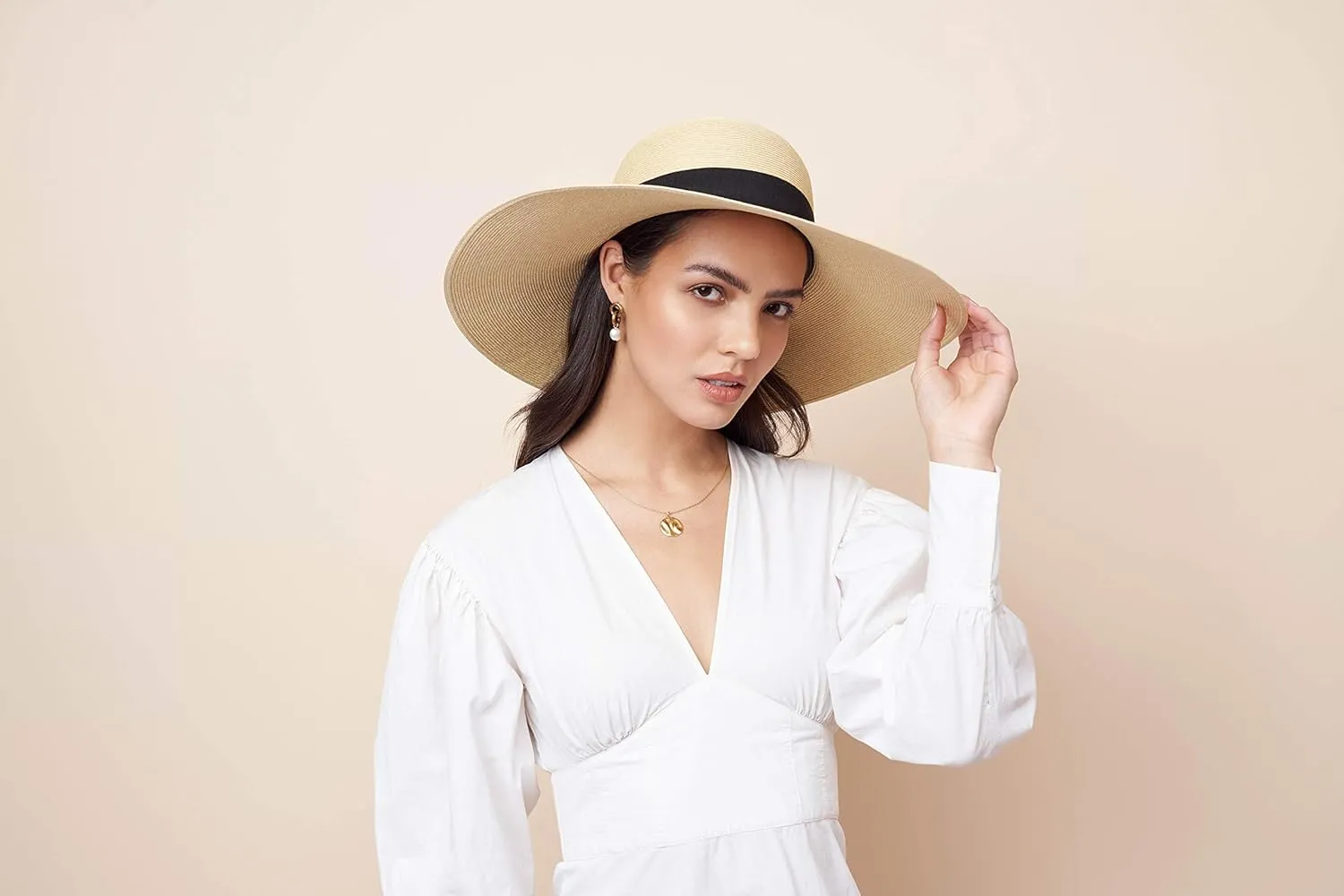 Pineapple&Star Jeune Wide Brim Sun Straw Beach Hat Fine Braid UPF50  for Women