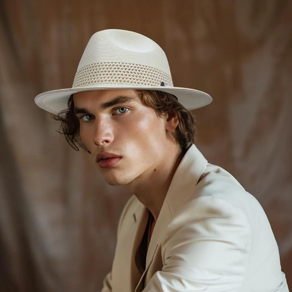 Pineapple&Star Sun Straw Fedora Beach Hat Fine Braid UPF50  for Unisex