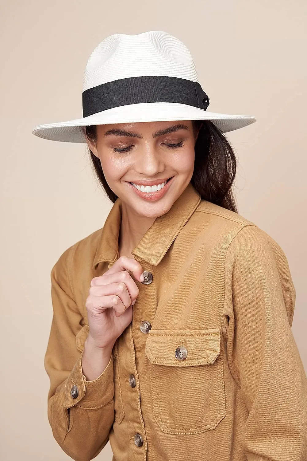 Pineapple&Star Sun Straw Fedora Beach Hat Fine Braid UPF50  for Unisex
