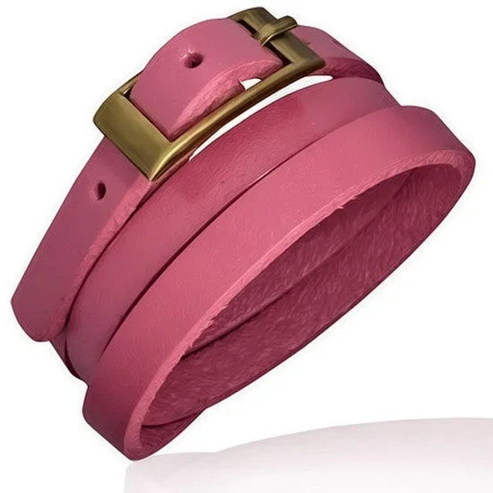Pink Leather Belt Buckle Wristband Wrap Multi-Layer Bracelet