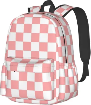 Pink White Checkered Backpack Adjustable Strap Shoulder Bag Laptop Backpack Casual Daypack School Bag for Student Boy Girl