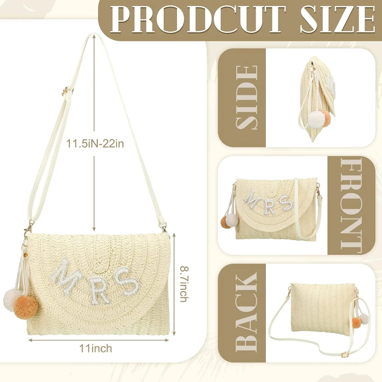 Pinkunn Bride Gift Straw Shoulder Bag Clutch Rhinestone Letter Purse Beach Bachelorette Honeymoon Wedding Bridal Shower