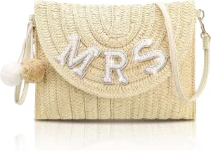 Pinkunn Bride Gift Straw Shoulder Bag Clutch Rhinestone Letter Purse Beach Bachelorette Honeymoon Wedding Bridal Shower