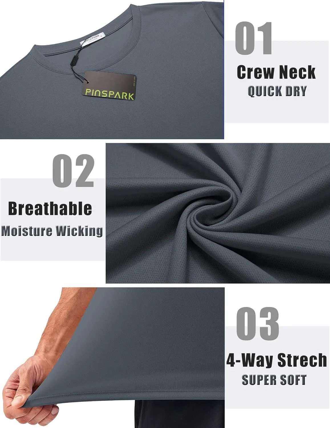 PINSPARK Men's 3 Pack Workout Shirts Quick Dry Moisture Wicking Crewneck Tee Shirt Mesh Athletic T-Shirts