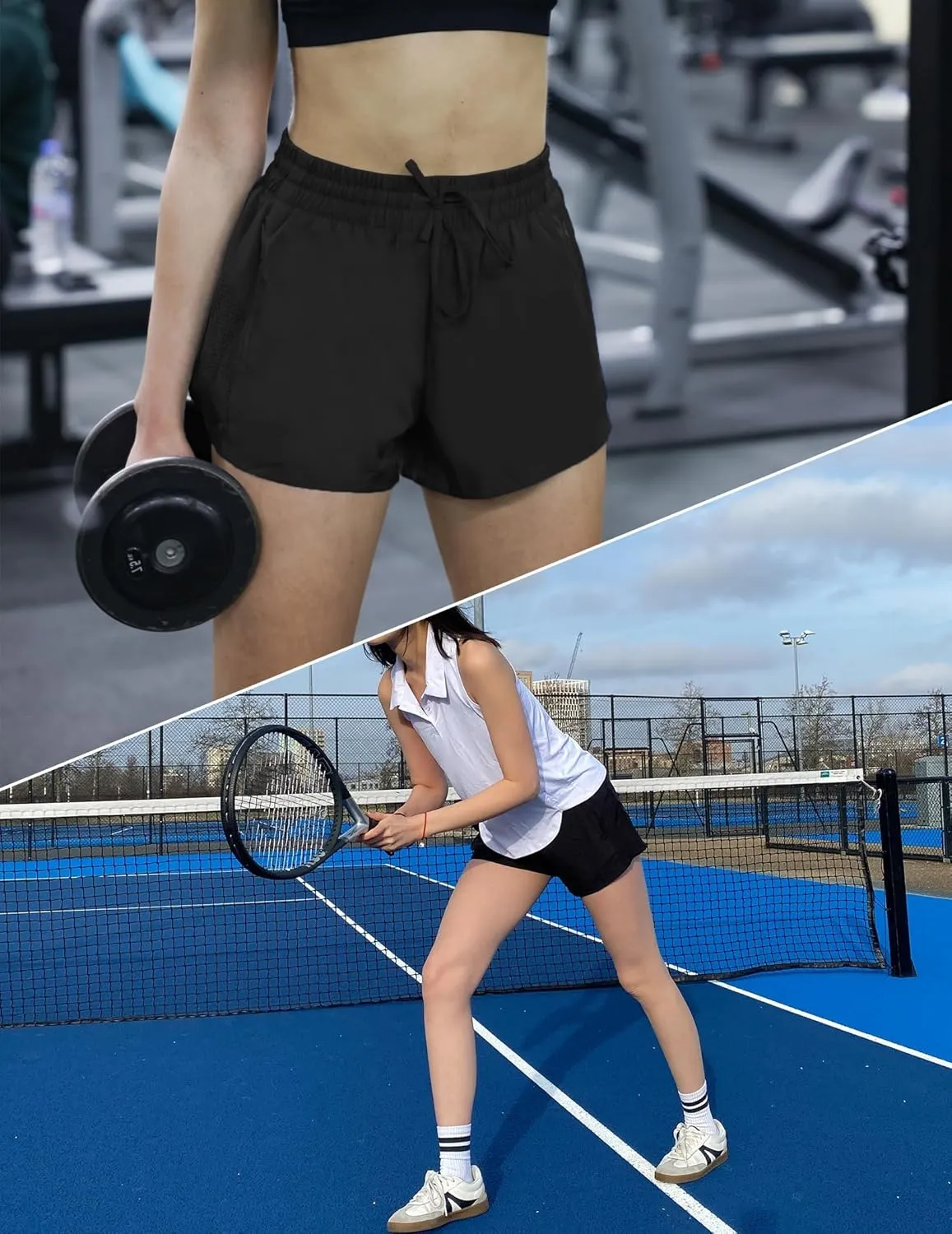 PINSPARK Womens Athletic Shorts High Waisted Running Shorts 2 in 1 Drawstring Quick Dry Gym Shorts with Zipper Pockets