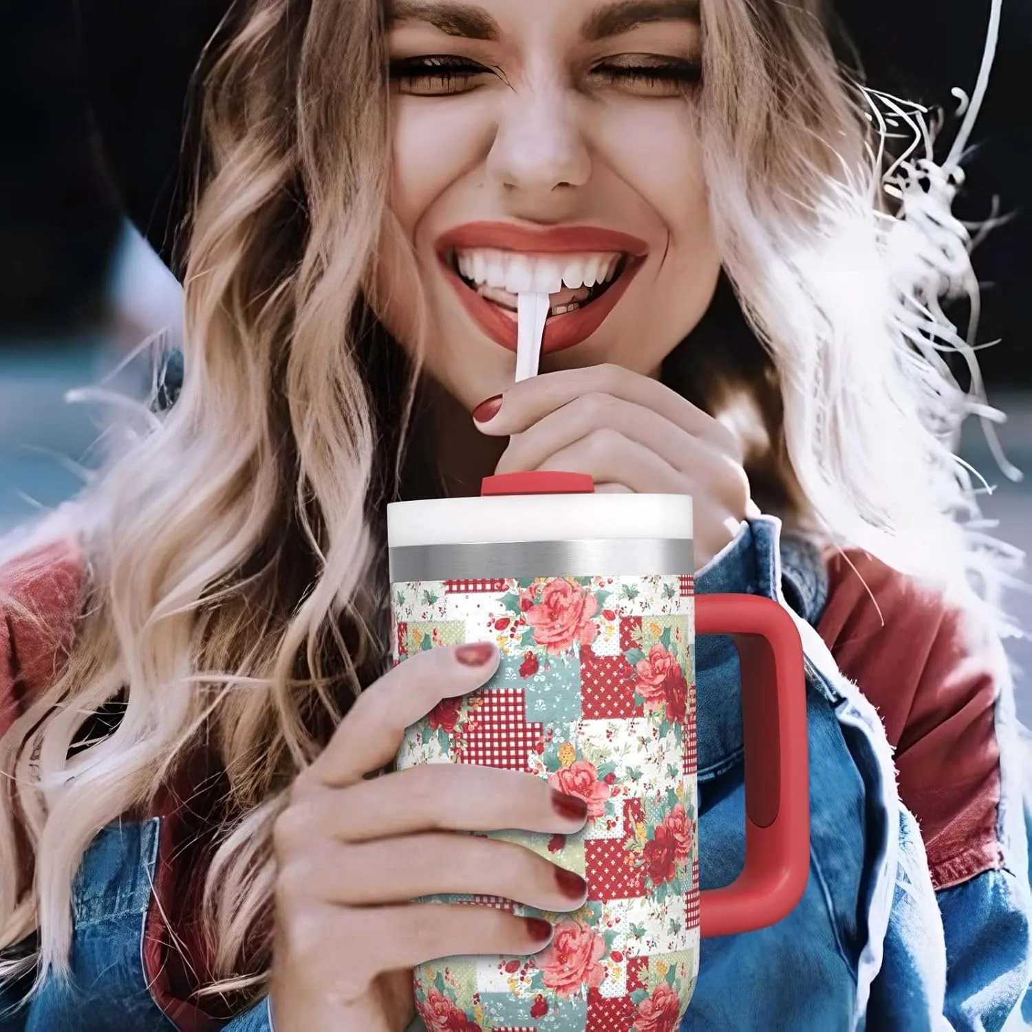 Pioneer Woman Tumbler with Handle and Lid,30oz Boho Floral Pioneer Woman Double Wall Vacuum Insulated Tumbler,Pioneer Woman Cups Gift for Women (Only One Cup)
