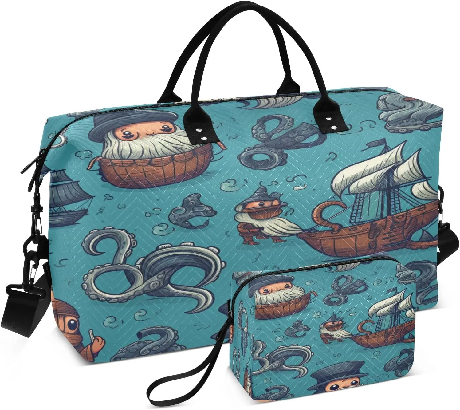 Pirate Octopus Whale Blue Travel Duffel Bags with Toiletry Bag and Adjustable Strap for Travel Gym Yoga