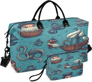 Pirate Octopus Whale Blue Travel Duffel Bags with Toiletry Bag and Adjustable Strap for Travel Gym Yoga