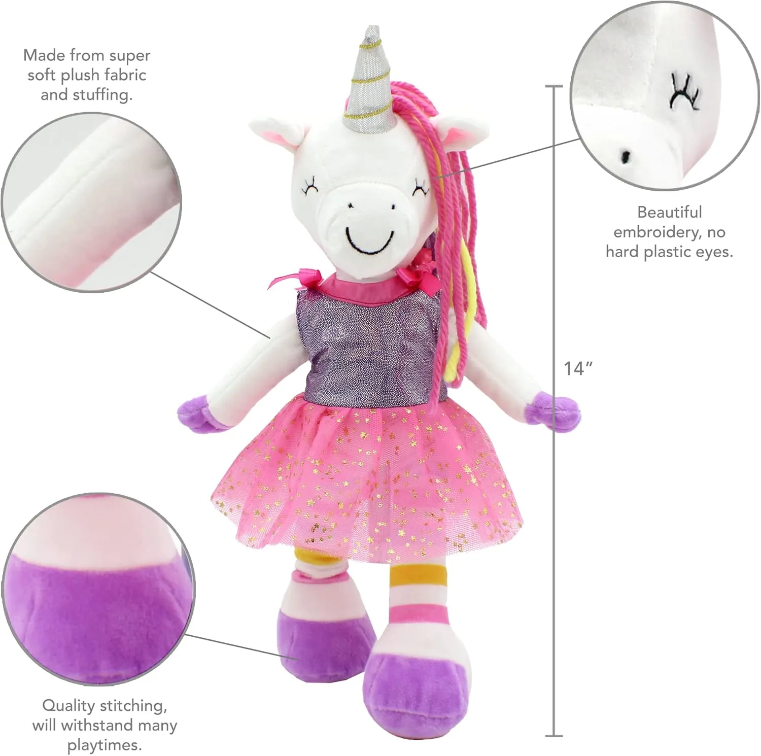Playtime by Eimmie Unicorn Soft Baby Doll, 14 Inch - Plush Rag Doll with Embroidered Features for Girls (Ages 4 and Up), Educational Stuffed Animal for Imaginative Play & Development