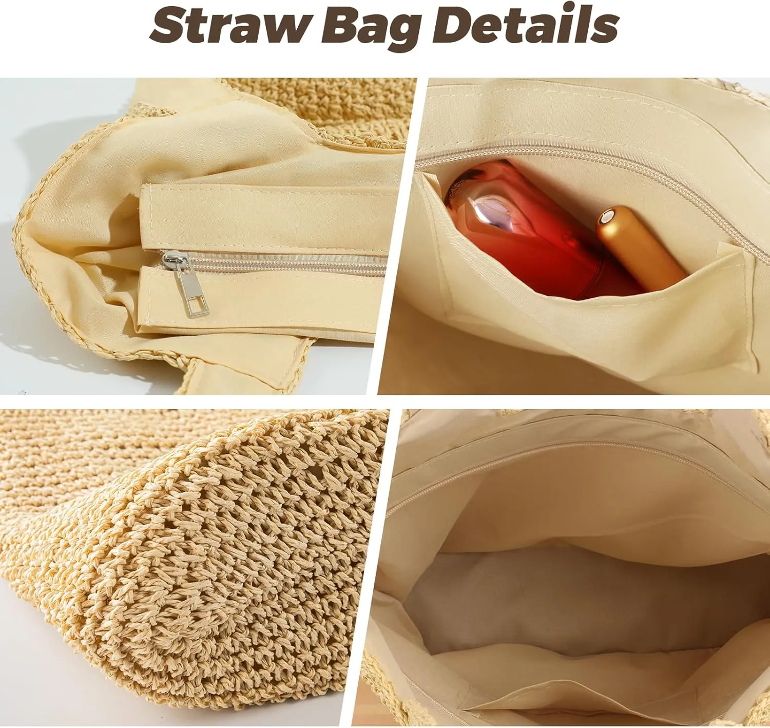 Pleneal Straw Beach Bags for Women - Women Beach Handmade Woven Tote Bag, Summer Mesh Hollow Shoulder Bag for Holiday