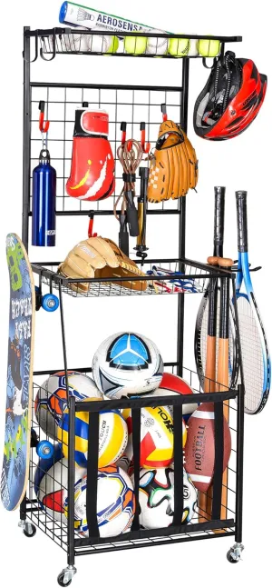 PLKOW Sports Equipment Storage for Garage, Indoor/Outdoor Sports Rack for Garage, Ball Storage Garage Organizer with Basket and Hooks,Toy/Sports Gear Storage