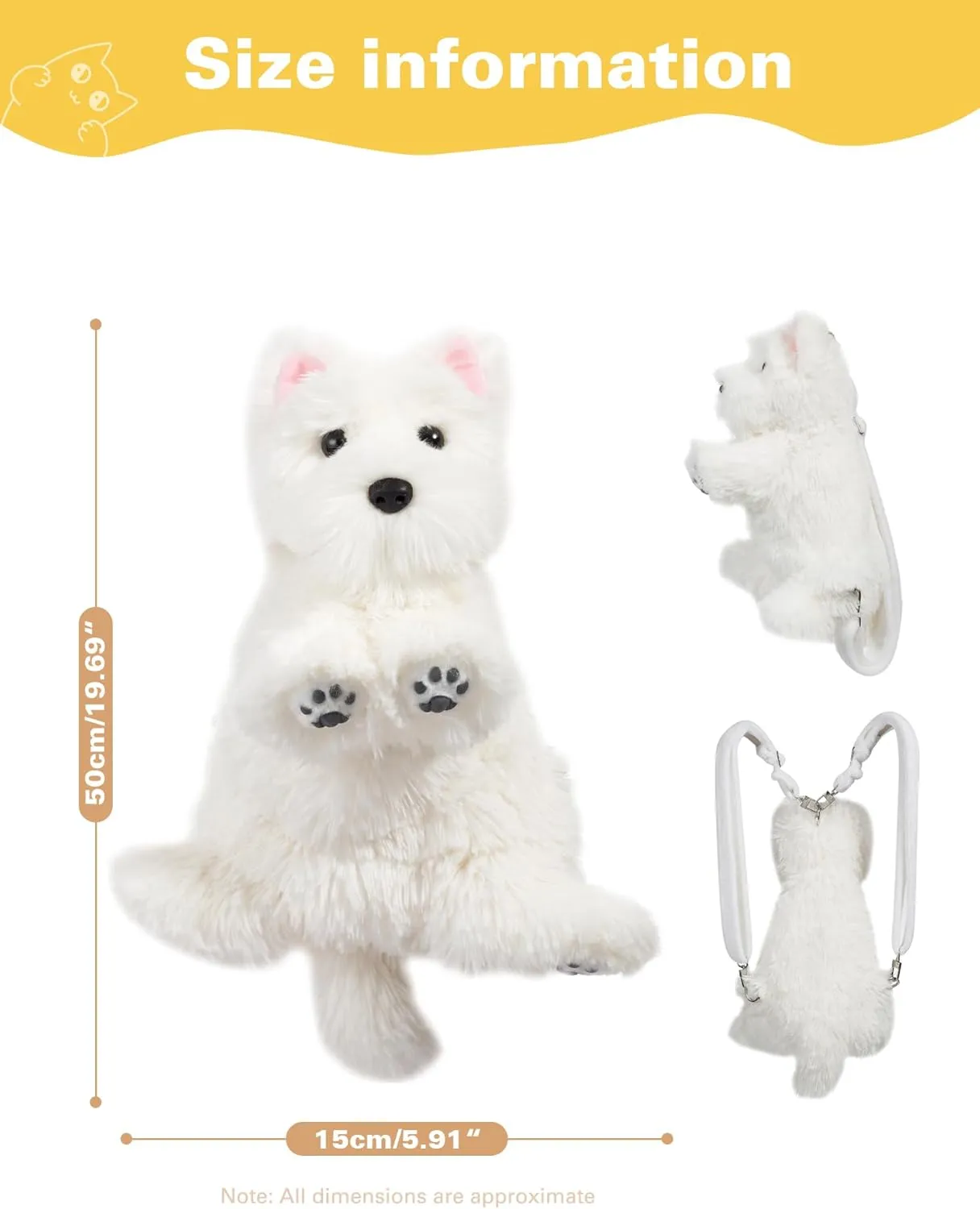 Plush Puppy Shaped Daypack Cute Dog Plush Haversack, West Highland Terrier, White