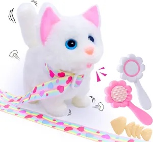 Plush Toys Electronic Toy Cat That Walking and Meowing, Tail Wagging Interactive Toy Cat for Kids with Leash, Toddlers Kids Easter Christmas Birthday Gift for Robot Cat Pet Toy (White Cat)
