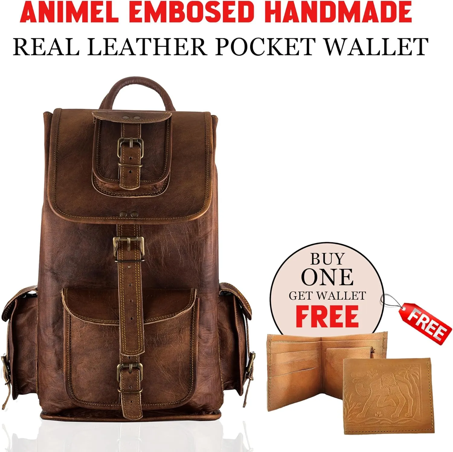 PLW 17" Vintage Leather Backpack for Men and Women With Adujstable Shoulder Straps | Unisex Brown Leather Rucksack Knapsack Camping Hiking Travel Bag