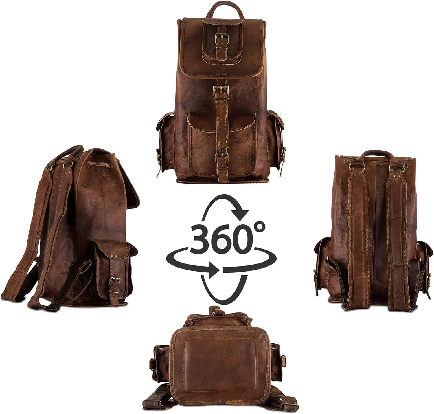 PLW 17" Vintage Leather Backpack for Men and Women With Adujstable Shoulder Straps | Unisex Brown Leather Rucksack Knapsack Camping Hiking Travel Bag