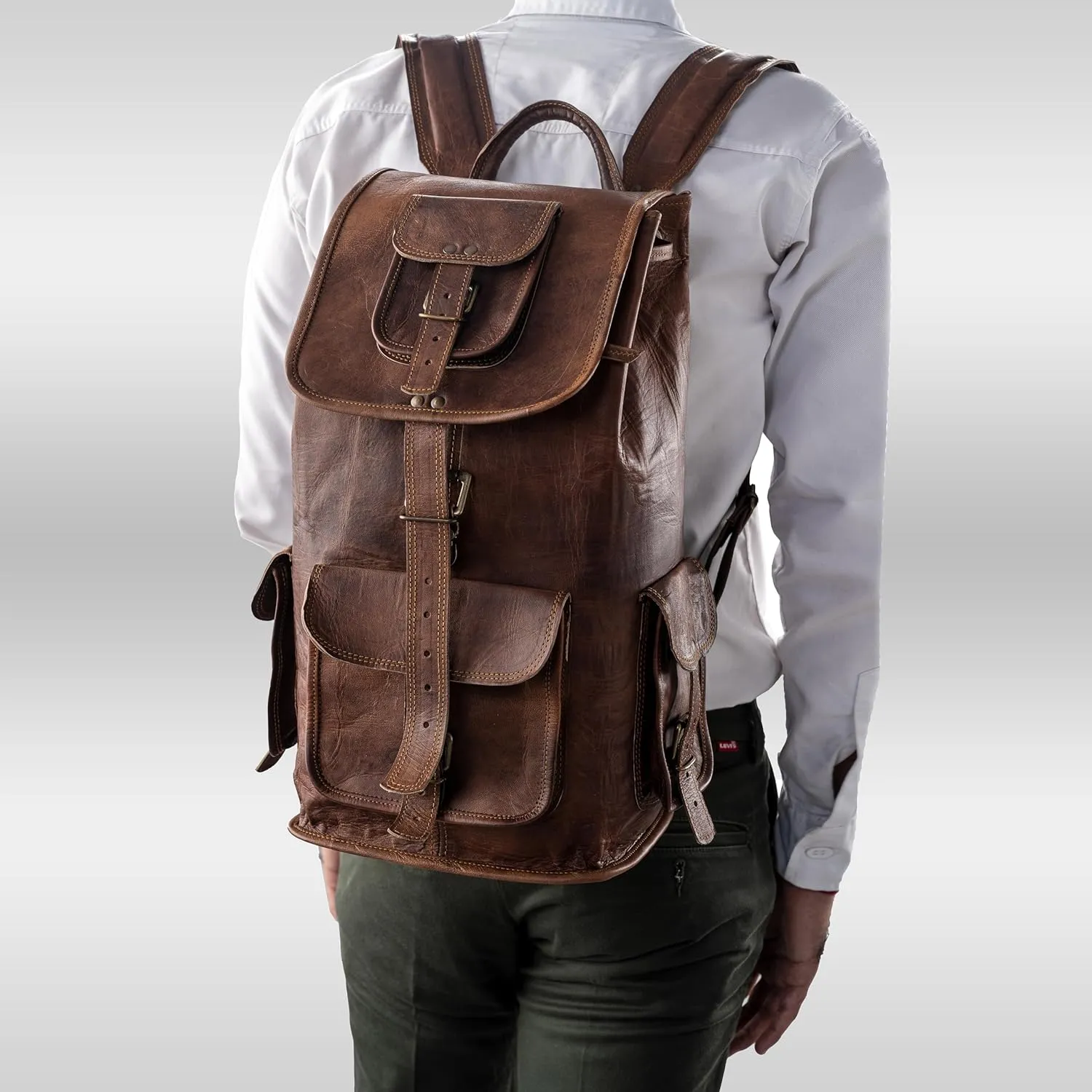 PLW 17" Vintage Leather Backpack for Men and Women With Adujstable Shoulder Straps | Unisex Brown Leather Rucksack Knapsack Camping Hiking Travel Bag