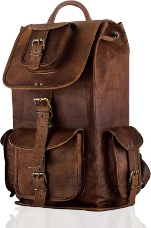 PLW 17" Vintage Leather Backpack for Men and Women With Adujstable Shoulder Straps | Unisex Brown Leather Rucksack Knapsack Camping Hiking Travel Bag