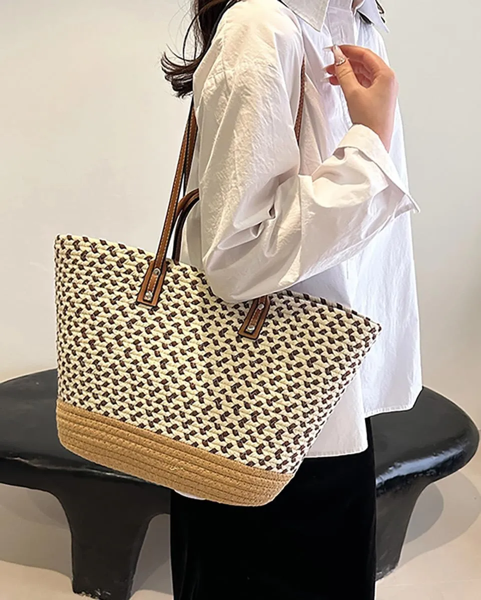 Pocadri Hand-Woven Tote Bag for Women Cotton Rope Beach Travel Large Handbag Shoulder Bag Open Top Handle Purse