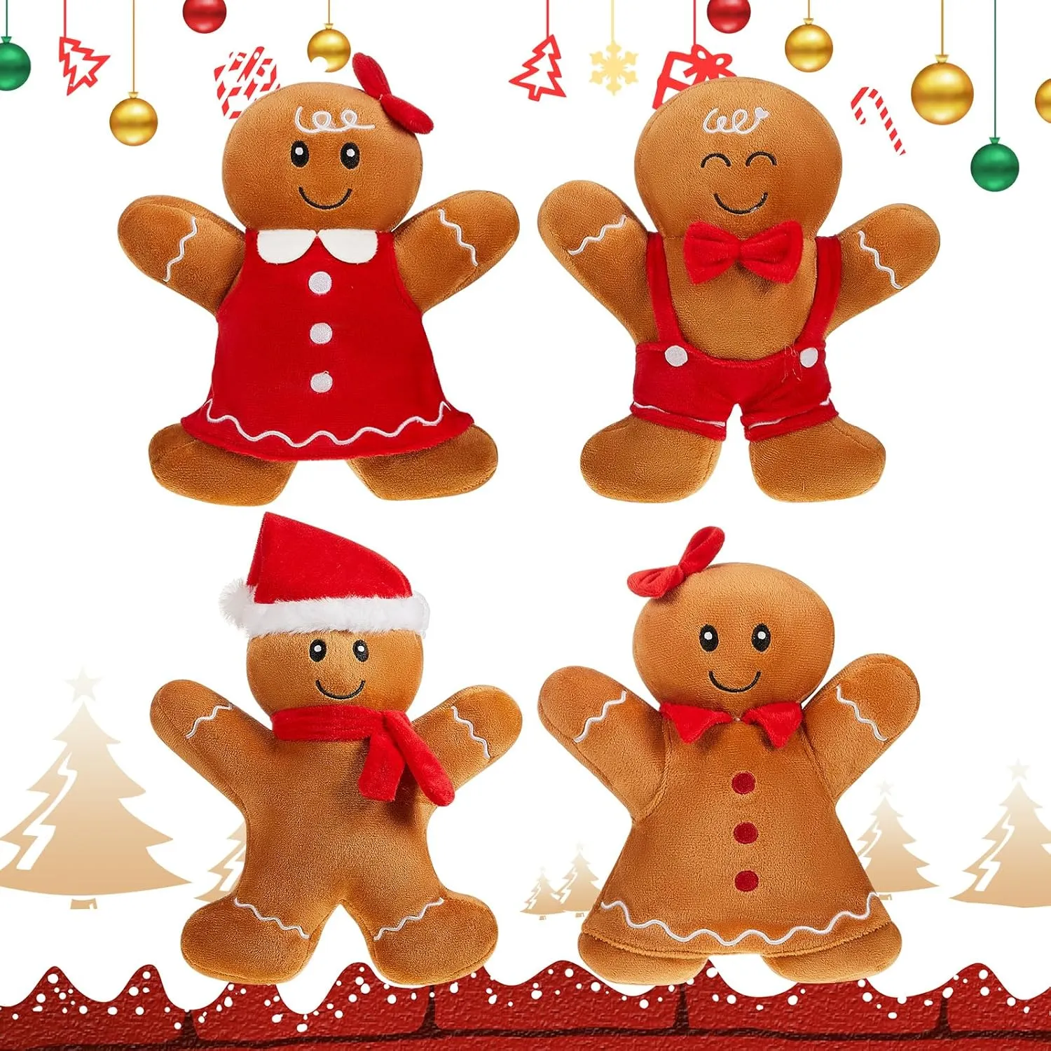 Poen 4 Pieces Christmas Gingerbread Plush 10 Inches Gingerbread Man Doll Xmas Decor Gifts for Christmas Gingy Stuffed Animal Toy for Family Friends