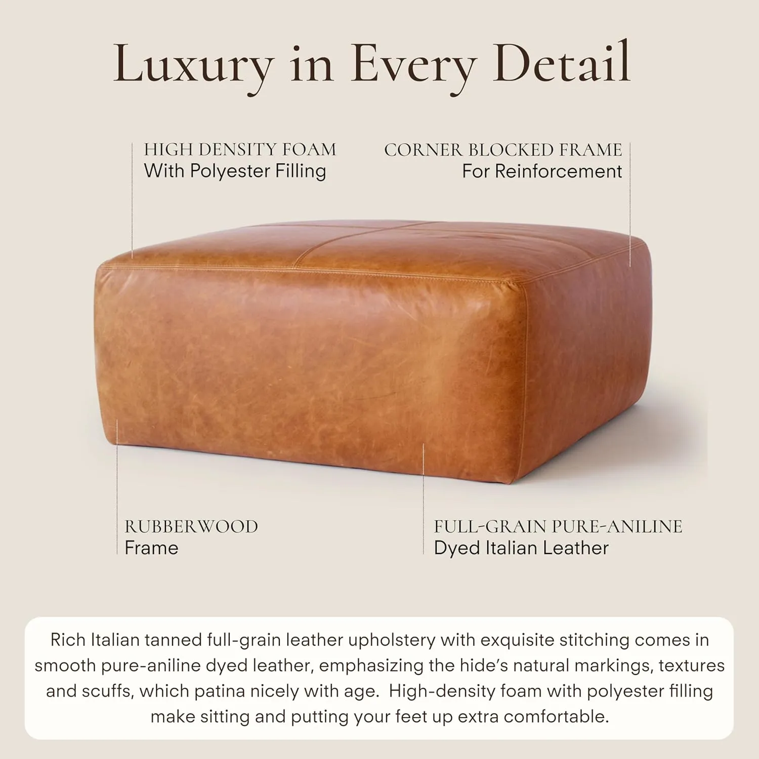 Poly & Bark Sequoia Ottoman – 35” Square Pouf with Feather-Down Topper – Full-Grain Leather Upholstered Pouf Ottoman for Living Room – Vintage Italian Leather in Cognac Tan