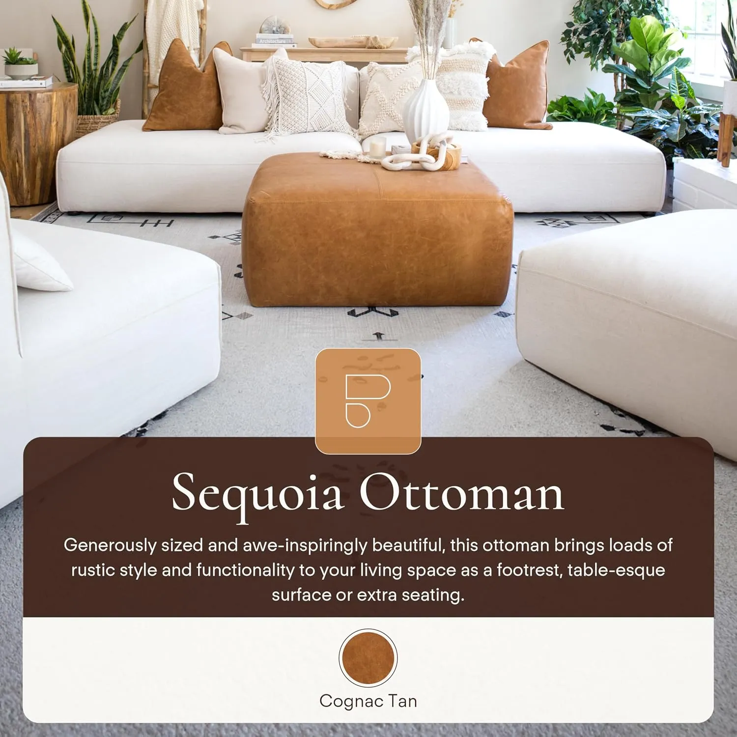 Poly & Bark Sequoia Ottoman – 35” Square Pouf with Feather-Down Topper – Full-Grain Leather Upholstered Pouf Ottoman for Living Room – Vintage Italian Leather in Cognac Tan