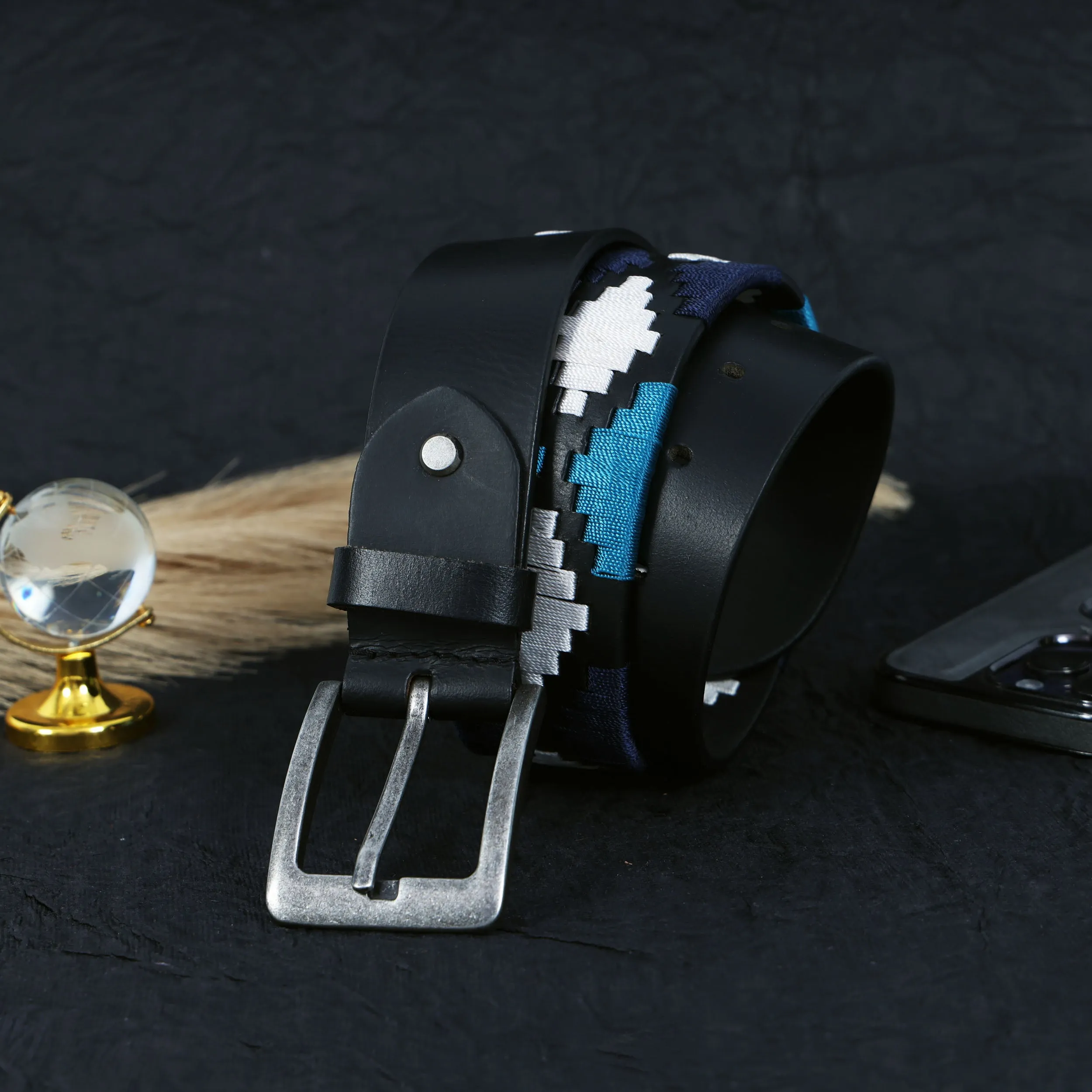 Premium Black Leather Belt with Silver Buckle & Multi-Color Stitching.LB-876