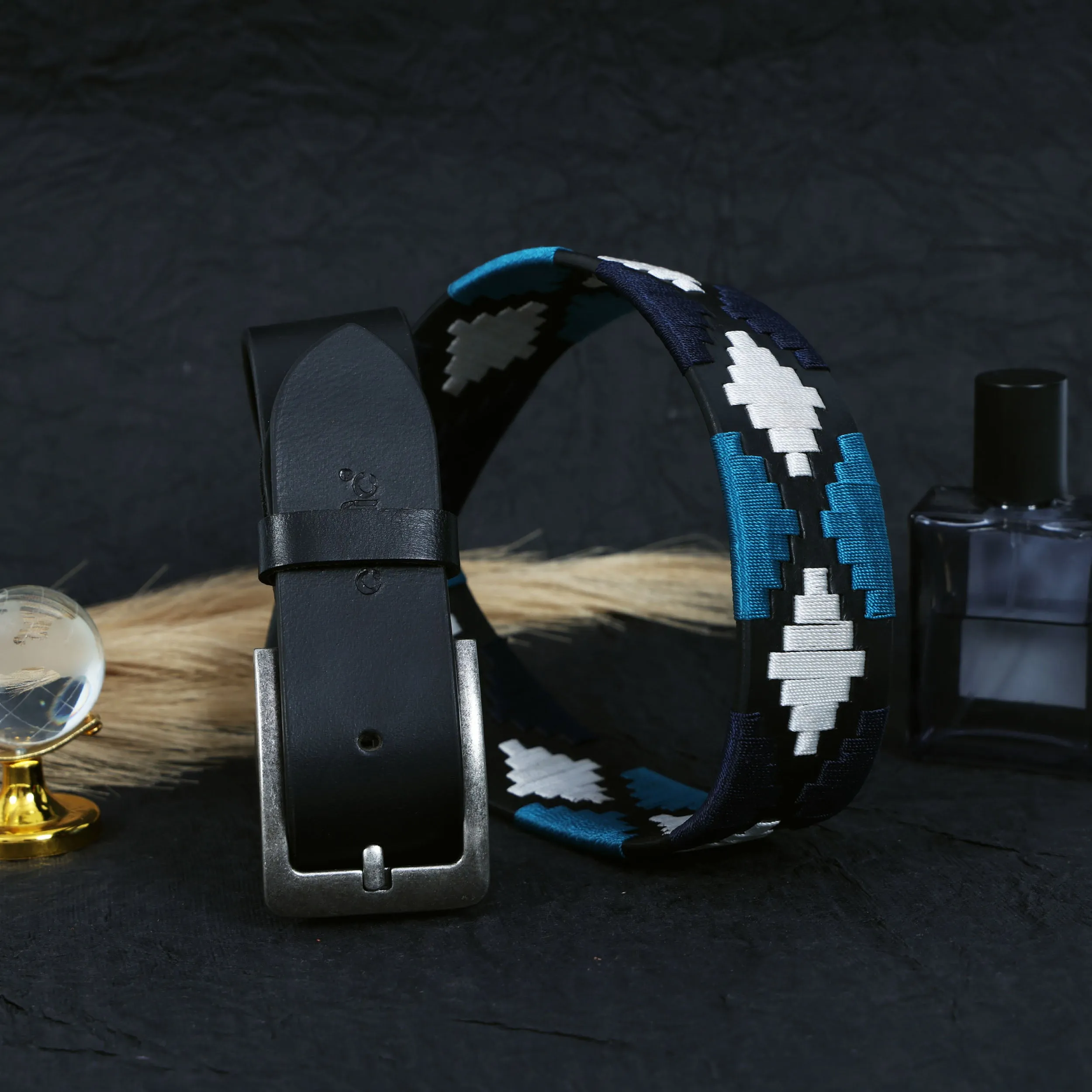 Premium Black Leather Belt with Silver Buckle & Multi-Color Stitching.LB-876