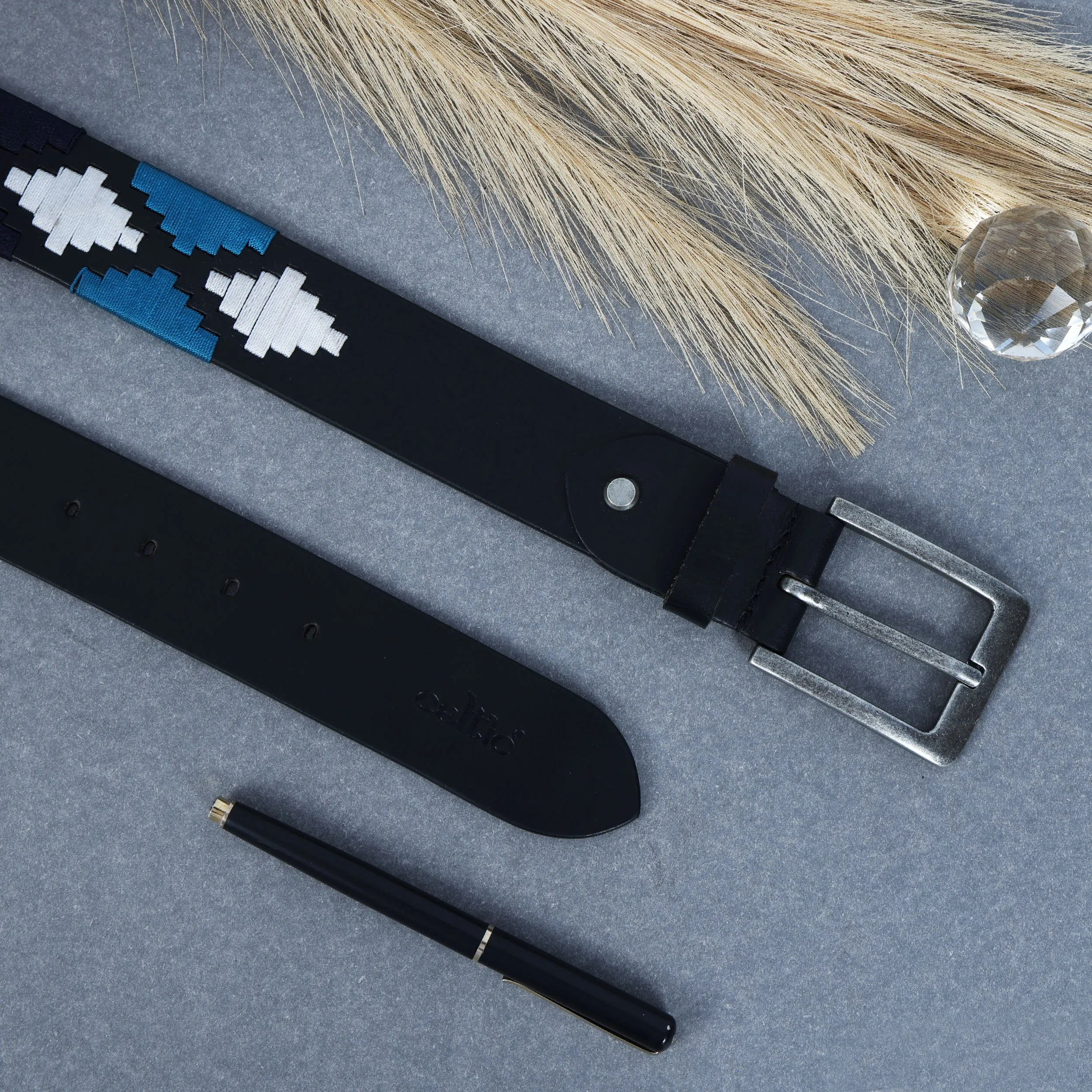 Premium Black Leather Belt with Silver Buckle & Multi-Color Stitching.LB-876