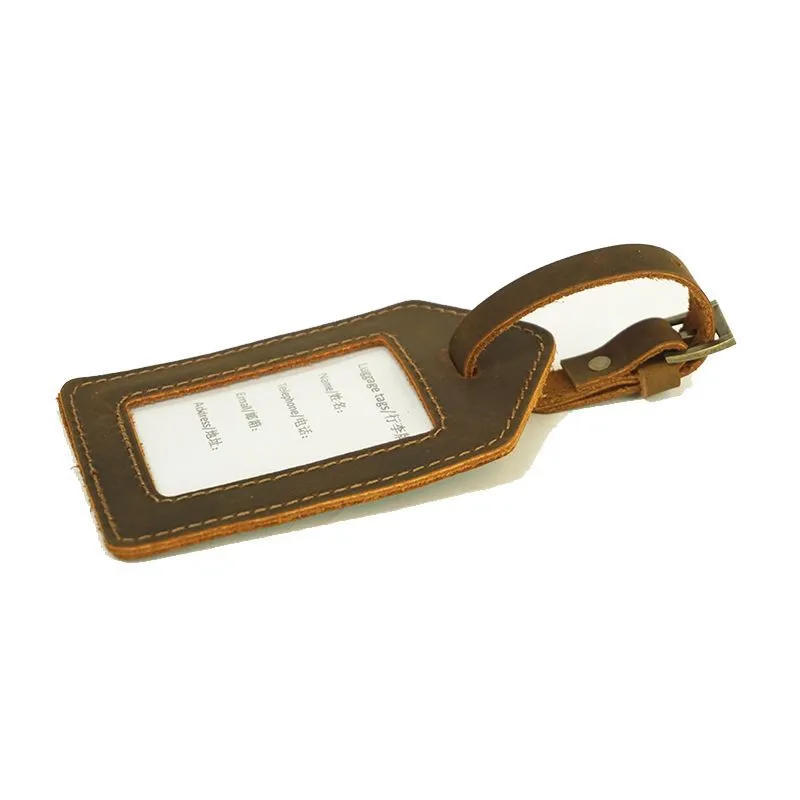 Premium Vintage Genuine Leather Luggage Tag with Clear Window