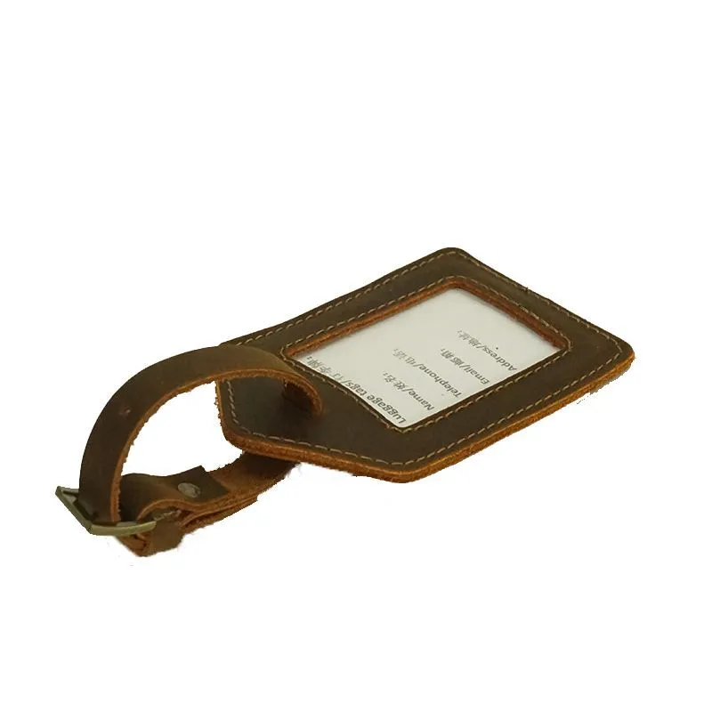 Premium Vintage Genuine Leather Luggage Tag with Clear Window