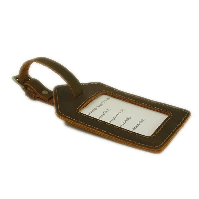 Premium Vintage Genuine Leather Luggage Tag with Clear Window