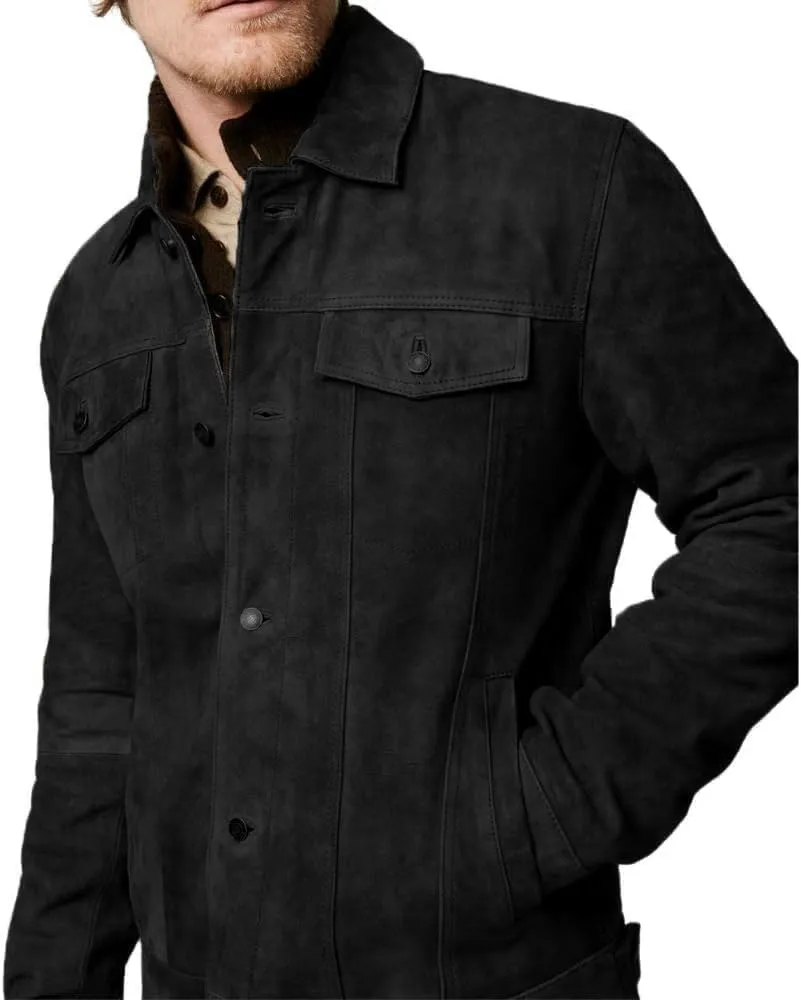 Premium Vintage Trucker Suede Leather Jacket Men Genuine Lambskin Men Leather Jackets Shirt Collar Jackets For Mens