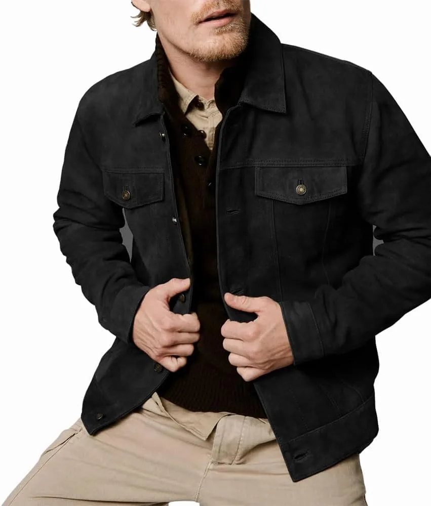 Premium Vintage Trucker Suede Leather Jacket Men Genuine Lambskin Men Leather Jackets Shirt Collar Jackets For Mens