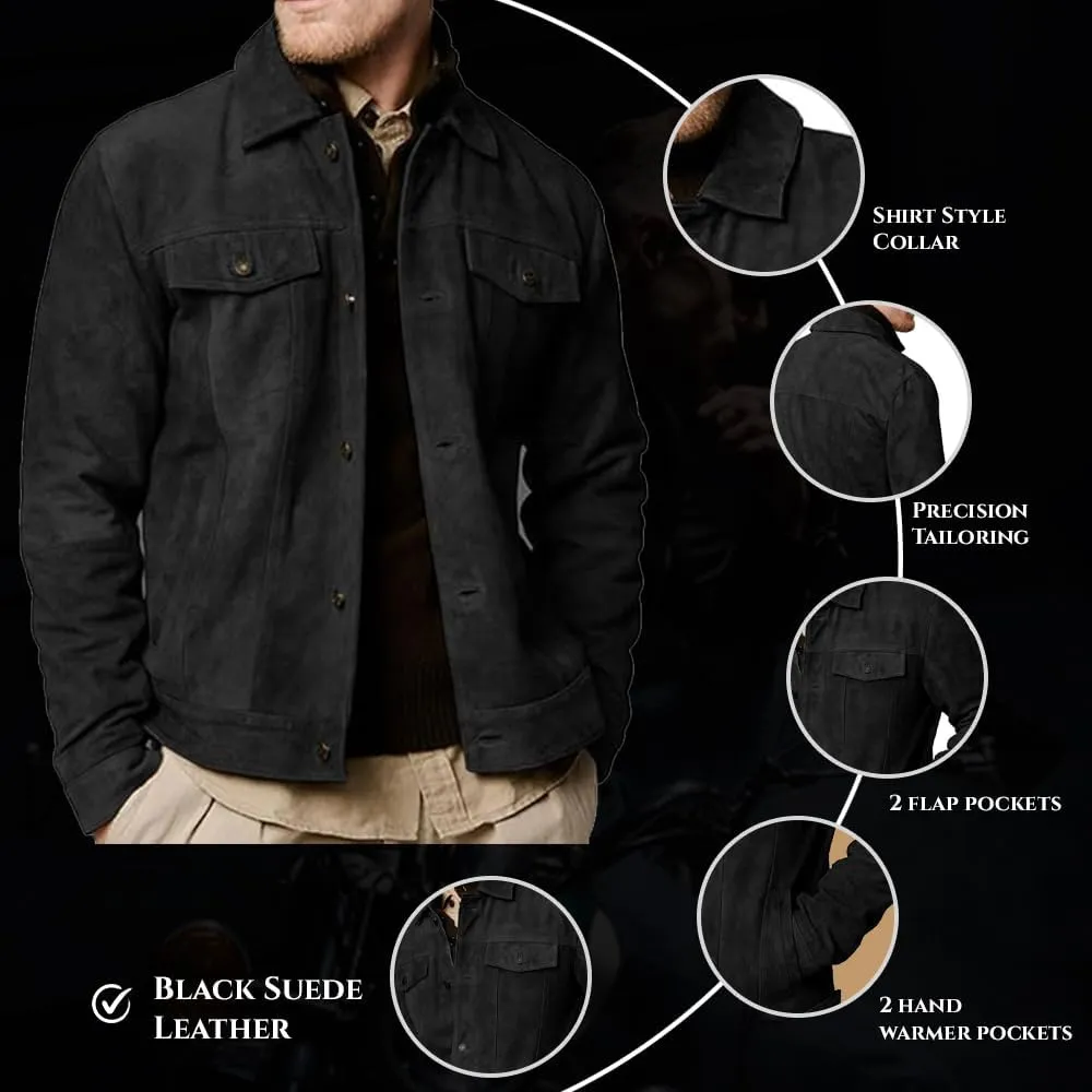 Premium Vintage Trucker Suede Leather Jacket Men Genuine Lambskin Men Leather Jackets Shirt Collar Jackets For Mens