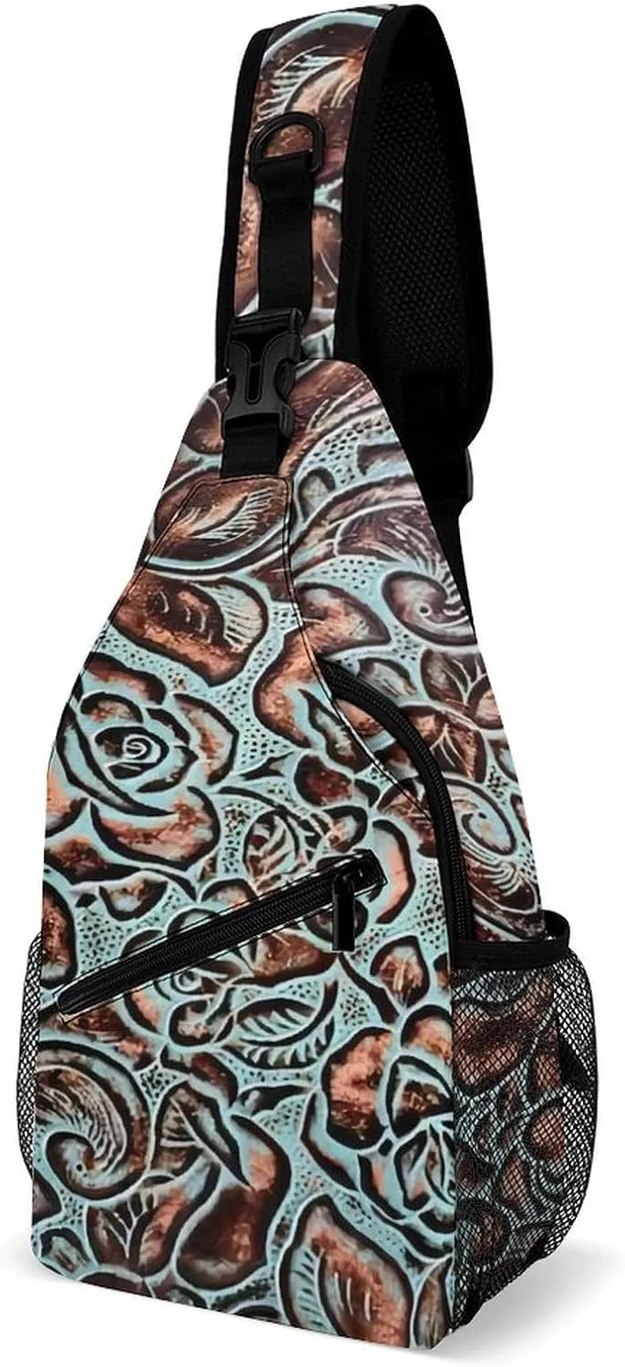 Primitive Western Country Cowboy Turquoise Brown Sling Bags Men And Women Shoulder Backpack Chest Bag Cross Body Chest Sling Backpack.